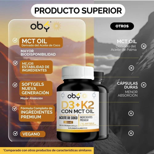 Vitamina D3 + K2 con MCT Oil | 120 Cápsulas (Softgels) oby.mx