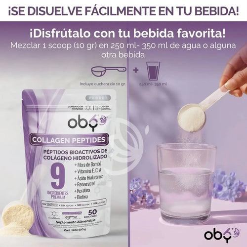 OBY Colageno Hidrolizado Puro Polvo Sin sabor 500 gr | con Acido Hialuronico, Vitaminas, Biotina, Keratina, Resveratrol y Fibra Bambu oby.mx