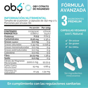 Citrato Magnesio Micronizado 2100mg + Camu Camu, Vitamina C Y D3 | Suplemento Alimenticio Oby Vitaminas Mujer Hombre | Magnesio Complex | 180 Capsulas oby.mx
