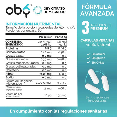 Citrato Magnesio Micronizado 2100mg + Camu Camu, Vitamina C Y D3 | Suplemento Alimenticio Oby Vitaminas Mujer Hombre | Magnesio Complex | 180 Capsulas oby.mx
