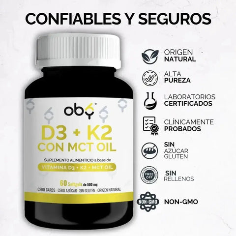 OBY Vitamina D3 + K2 con MCT Oil | 60 Cápsulas (Softgels) $̶3̶8̶9̶.̶0̶0̶ oby.mx