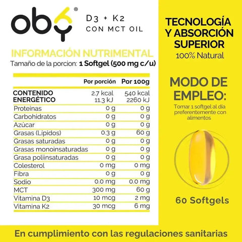 OBY Vitamina D3 + K2 con MCT Oil | 60 Cápsulas (Softgels) $̶3̶8̶9̶.̶0̶0̶ oby.mx