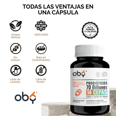 OBY Multi Probioticos 70 Billones de 14 Cepas + Prebioticos Inulina de Agave + Sabila | 30 cápsulas oby.mx