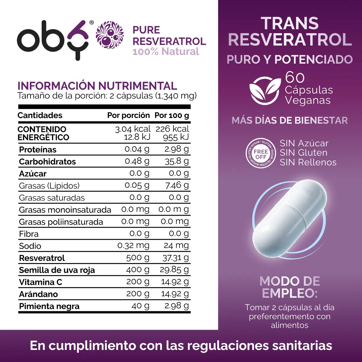 Resveratrol Puro con Semilla de Uva Roja 60 cápsulas oby.mx