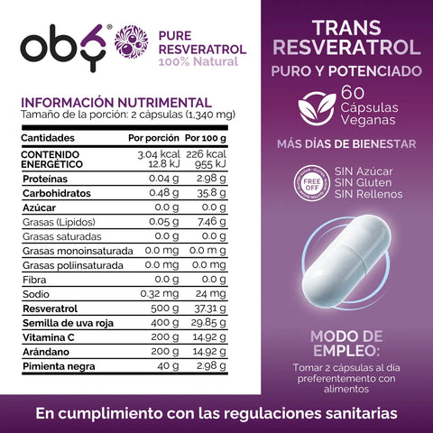 Resveratrol Puro con Semilla de Uva Roja 60 cápsulas oby.mx