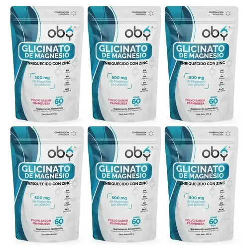 Pack de 6 Pouch: OBY Glicinato de Magnesio con Zinc | Polvo 600 gr | Sabor Frambuesa Fast Bundle