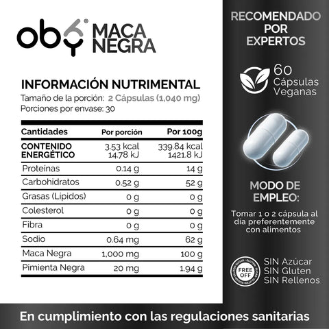 Maca Negra Peruana Orgánica 60 cápsulas oby.mx