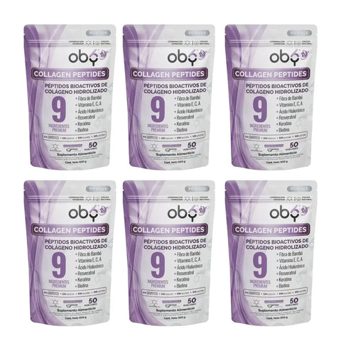 Pack de 6 Pouch: OBY Colageno Hidrolizado Puro Polvo Sin sabor 500 gr | con Acido Hialuronico, Vitaminas, Biotina, Keratina, Resveratrol y Fibra Bambu Fast Bundle