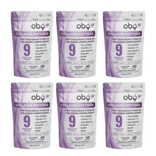 Pack de 6 Pouch: OBY Colageno Hidrolizado Puro Polvo Sin sabor 500 gr | con Acido Hialuronico, Vitaminas, Biotina, Keratina, Resveratrol y Fibra Bambu Fast Bundle