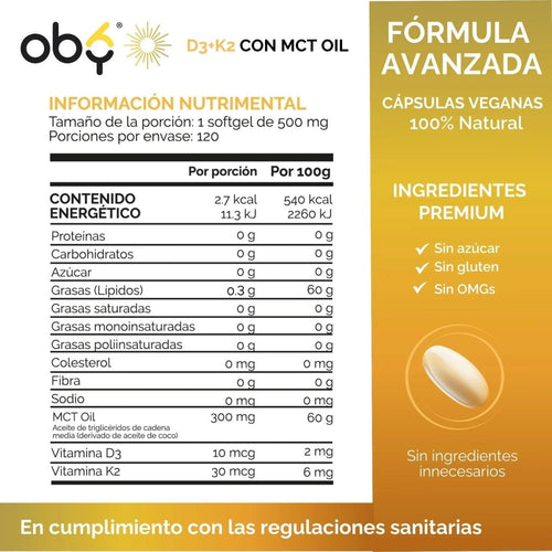 Vitamina D3 + K2 con MCT Oil | 120 Cápsulas (Softgels) oby.mx