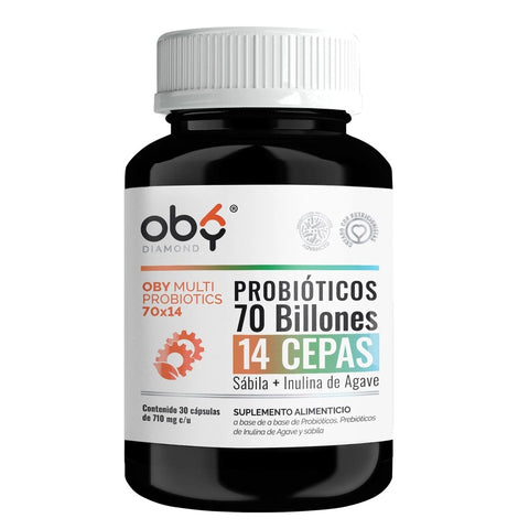 OBY Multi Probioticos 70 Billones de 14 Cepas + Prebioticos Inulina de Agave + Sabila | 30 cápsulas oby.mx