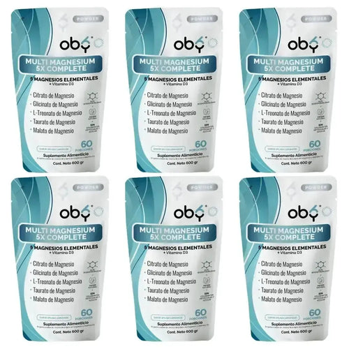 Oby Multi Magnesio Polvo 5X Complete 600 gr | 5 tipos de Magnesios + Vitamina D3 | Citrato y Glicinato oby.mx