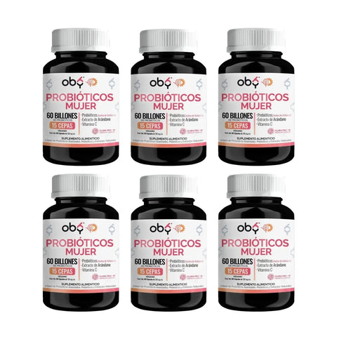 Pack de 6 frascos: Probióticos Femeninos | 60 Billones 15 Cepas + Prebióticos | Probióticos Mujer oby.mx