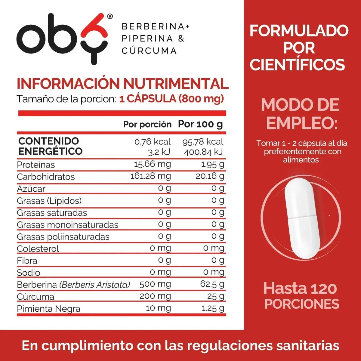 OBY Berberina Pura con Cúrcuma y Pimienta Negra | 120 cápsulas oby.mx