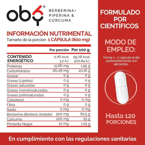 OBY Berberina Pura con Cúrcuma y Pimienta Negra | 120 cápsulas oby.mx