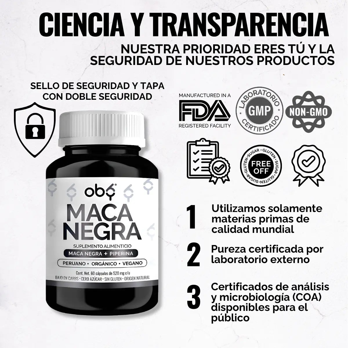 Maca Negra Peruana Orgánica 60 cápsulas oby.mx