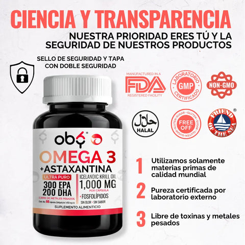 Aceite de Krill Ultra Puro con Astaxantina | Omega 3 EPA y DHA + Fosfolipidos | Sin Sabor y Sin Olor | 60 Softgels oby.mx