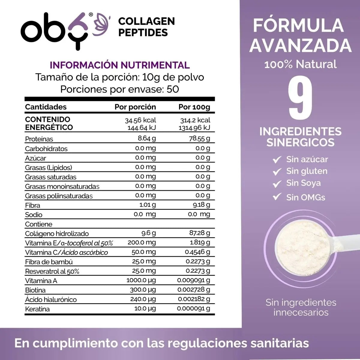 OBY Colageno Hidrolizado Puro Polvo Sin sabor 500 gr | con Acido Hialuronico, Vitaminas, Biotina, Keratina, Resveratrol y Fibra Bambu oby.mx