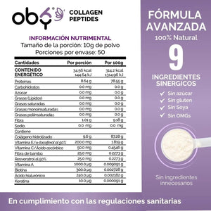 OBY Colageno Hidrolizado Puro Polvo Sin sabor 500 gr | con Acido Hialuronico, Vitaminas, Biotina, Keratina, Resveratrol y Fibra Bambu oby.mx