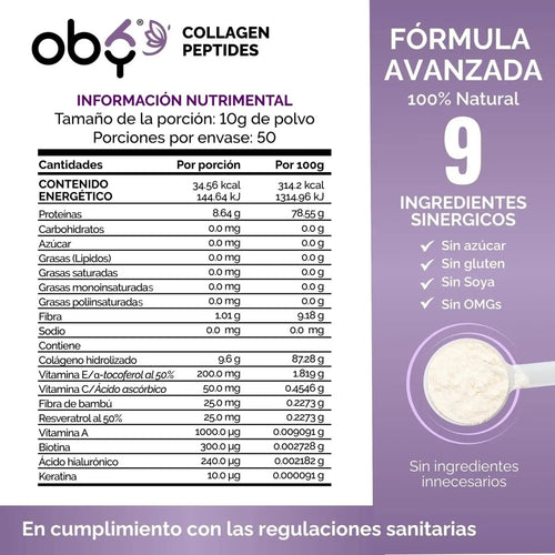 OBY Colageno Hidrolizado Puro Polvo Sin sabor 500 gr | con Acido Hialuronico, Vitaminas, Biotina, Keratina, Resveratrol y Fibra Bambu oby.mx