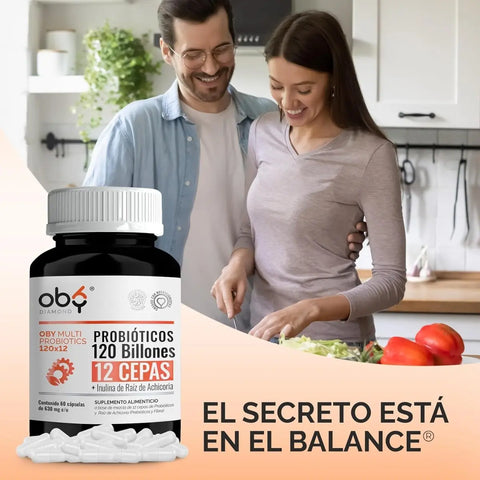 Oby MULTI Probioticos Avanzados 120 Billones 12 Cepas, Prebioticos y Fibra | 120 Cápsulas oby.mx