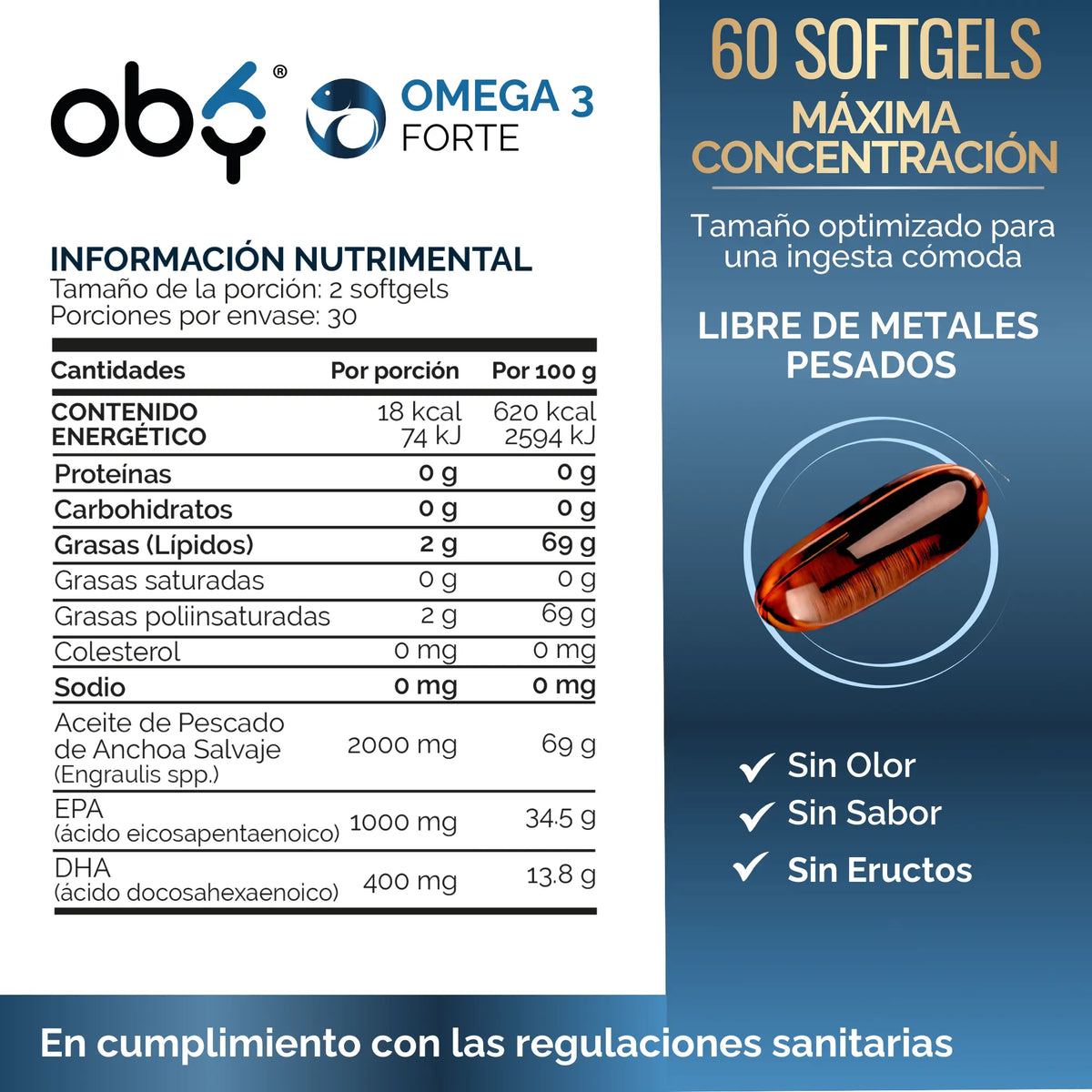 OBY Omega Omega 3 Diamond Forte 2000mg Aceite Anchoa | Máxima Pureza Diamante Platinum  | 60 cápsulas oby.mx