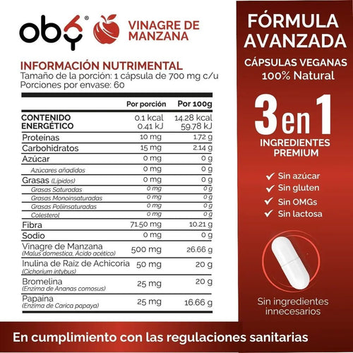 *Vinagre De Manzana Con Fibra Prebiótica y Enzimas Digestivas oby.mx