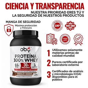Proteina Whey con Creatina, Enzimas Probióticos y Electrolitos, Sabor Chocolate 1.25 kg oby.mx