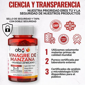 Gomitas de Vinagre de Manzana OBY | Formula 3 en 1 con Mango Africano y Acido Folico | Veganas Sin Azucar  | Suplemento Alimenticio | 60 Gomitas oby.mx
