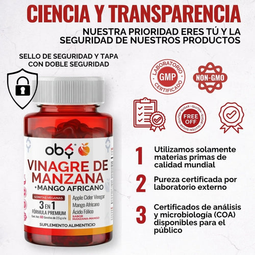 Gomitas de Vinagre de Manzana OBY | Formula 3 en 1 con Mango Africano y Acido Folico | Veganas Sin Azucar  | Suplemento Alimenticio | 60 Gomitas oby.mx