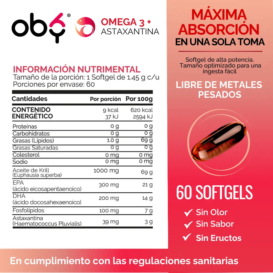 Aceite de Krill Ultra Puro con Astaxantina | Omega 3 EPA y DHA + Fosfolipidos | Sin Sabor y Sin Olor | 60 Softgels oby.mx