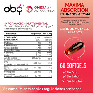 Aceite de Krill Ultra Puro con Astaxantina | Omega 3 EPA y DHA + Fosfolipidos | Sin Sabor y Sin Olor | 60 Softgels oby.mx