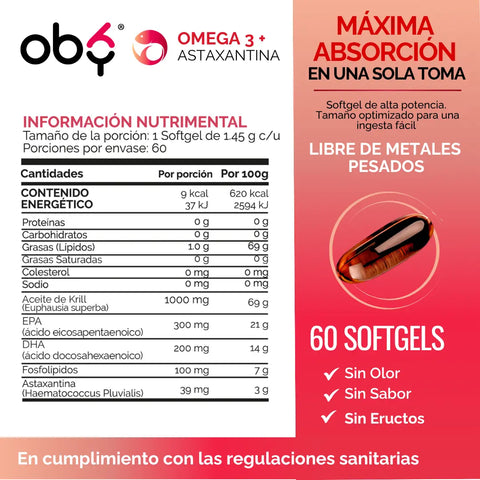 Aceite de Krill Ultra Puro con Astaxantina | Omega 3 EPA y DHA + Fosfolipidos | Sin Sabor y Sin Olor | 60 Softgels oby.mx