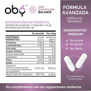 Shatavari 1400 mg con Magnesio Bisglicinato OBY | Extracto Estandarizado 20% Saponinas  | 60 Cápsulas oby.mx