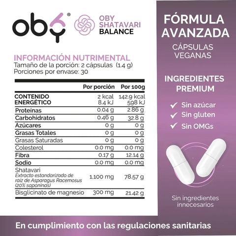 Shatavari 1400 mg con Magnesio Bisglicinato OBY | Extracto Estandarizado 20% Saponinas  | 60 Cápsulas oby.mx