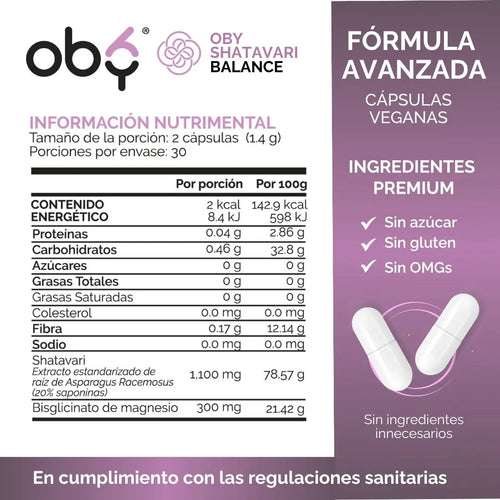 Shatavari 1400 mg con Magnesio Bisglicinato OBY | Extracto Estandarizado 20% Saponinas  | 60 Cápsulas oby.mx