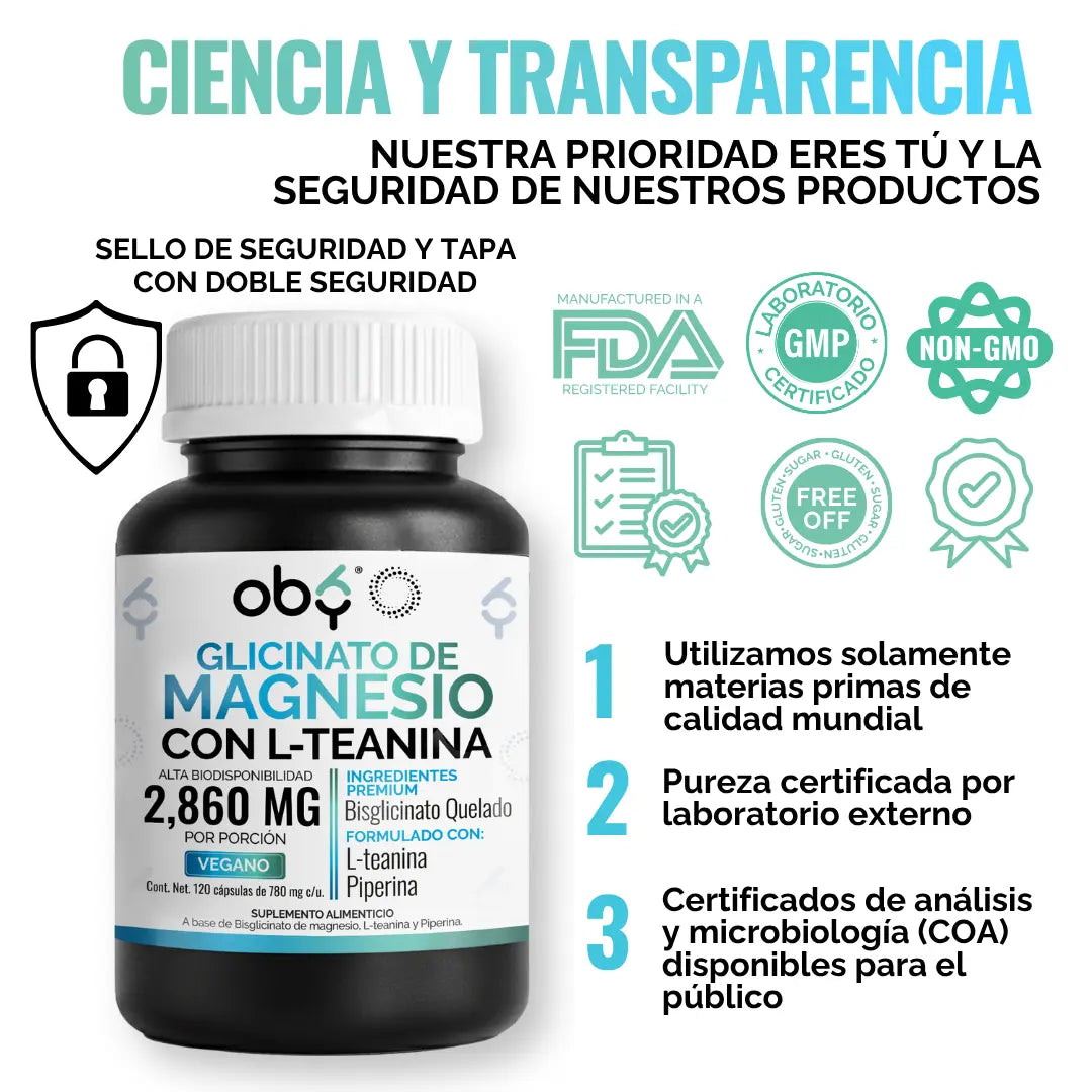Glicinato de Magnesio con L-Teanina y Piperina | Bisglicinato Mineral Quelado + Aminoacido  | 120 Capsulas OBY oby.mx