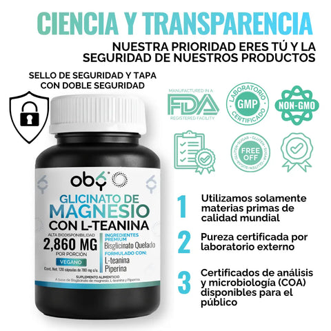Glicinato de Magnesio con L-Teanina y Piperina | Bisglicinato Mineral Quelado + Aminoacido  | 120 Capsulas OBY oby.mx