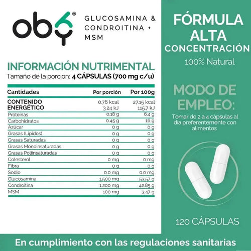 OBY Glucosamina, Condroitina + MSM | 120 cápsulas oby.mx