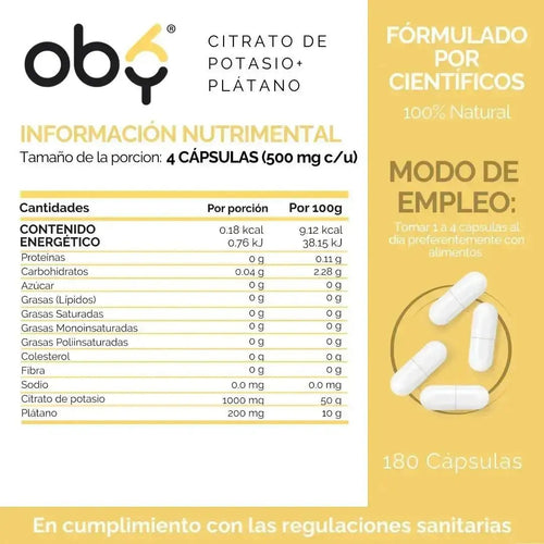 OBY Citrato de Potasio Enriquecido con Plátano |180 Cápsulas $̶4̶3̶9̶.̶0̶0̶ oby.mx