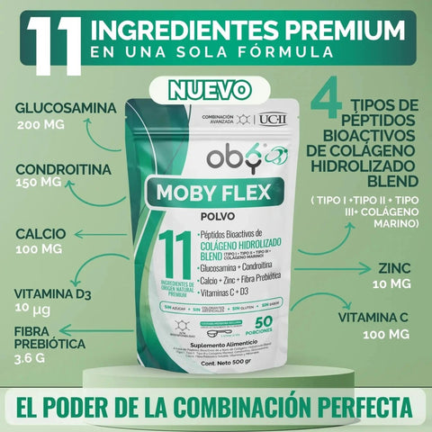 Moby Flex Colageno Hidrolizado Blend (Tipo I, II ,III y marino) + Glucosamina y Condroitina | fortalecido Calcio, Zinc, Vitamina D3 y C | 11 Ingredientes Naturales | Alta Biodisponibilidad | 500g Sin Sabor oby.mx