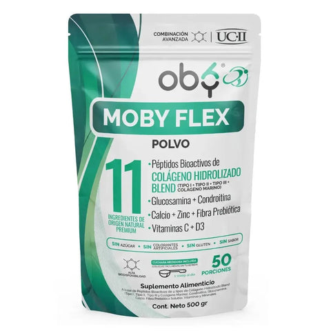 Moby Flex Colageno Hidrolizado Blend (Tipo I, II ,III y marino) + Glucosamina y Condroitina | fortalecido Calcio, Zinc, Vitamina D3 y C | 11 Ingredientes Naturales | Alta Biodisponibilidad | 500g Sin Sabor oby.mx