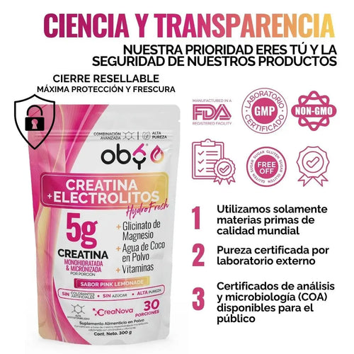 Creatina Monohidratada con Electrolitos | 100% Alta Pureza Micronizada | Glicinato de Magnesio + Vitaminas A, B12, C, D | Suplemento Alimenticio | Oby Pink Lemonade | 30 Porciones oby.mx