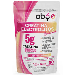 Creatina Monohidratada con Electrolitos | 100% Alta Pureza Micronizada | Glicinato de Magnesio + Vitaminas A, B12, C, D | Suplemento Alimenticio | Oby Pink Lemonade | 30 Porciones oby.mx