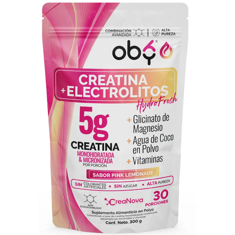 Creatina Monohidratada con Electrolitos | 100% Alta Pureza Micronizada | Glicinato de Magnesio + Vitaminas A, B12, C, D | Suplemento Alimenticio | Oby Pink Lemonade | 30 Porciones oby.mx