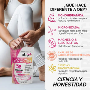 Creatina Monohidratada con Electrolitos | 100% Alta Pureza Micronizada | Glicinato de Magnesio + Vitaminas A, B12, C, D | Suplemento Alimenticio | Oby Pink Lemonade | 30 Porciones oby.mx