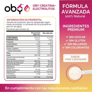 Creatina Monohidratada con Electrolitos | 100% Alta Pureza Micronizada | Glicinato de Magnesio + Vitaminas A, B12, C, D | Suplemento Alimenticio | Oby Pink Lemonade | 30 Porciones oby.mx