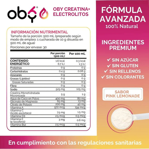 Creatina Monohidratada con Electrolitos | 100% Alta Pureza Micronizada | Glicinato de Magnesio + Vitaminas A, B12, C, D | Suplemento Alimenticio | Oby Pink Lemonade | 30 Porciones oby.mx