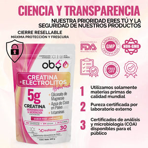 Creatina Monohidratada con Electrolitos | 100% Alta Pureza Micronizada | Glicinato de Magnesio + Vitaminas A, B12, C, D | Suplemento Alimenticio | Oby Pink Lemonade | 30 Porciones oby.mx