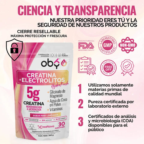Creatina Monohidratada con Electrolitos | 100% Alta Pureza Micronizada | Glicinato de Magnesio + Vitaminas A, B12, C, D | Suplemento Alimenticio | Oby Pink Lemonade | 30 Porciones oby.mx